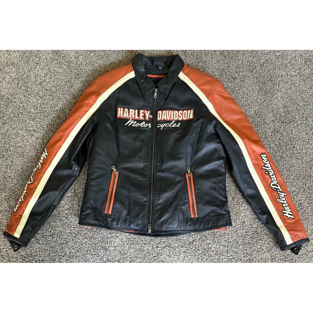 Harley-Davidson Womens Leather Riding Jacket XL Black Orange Cream Embroidered